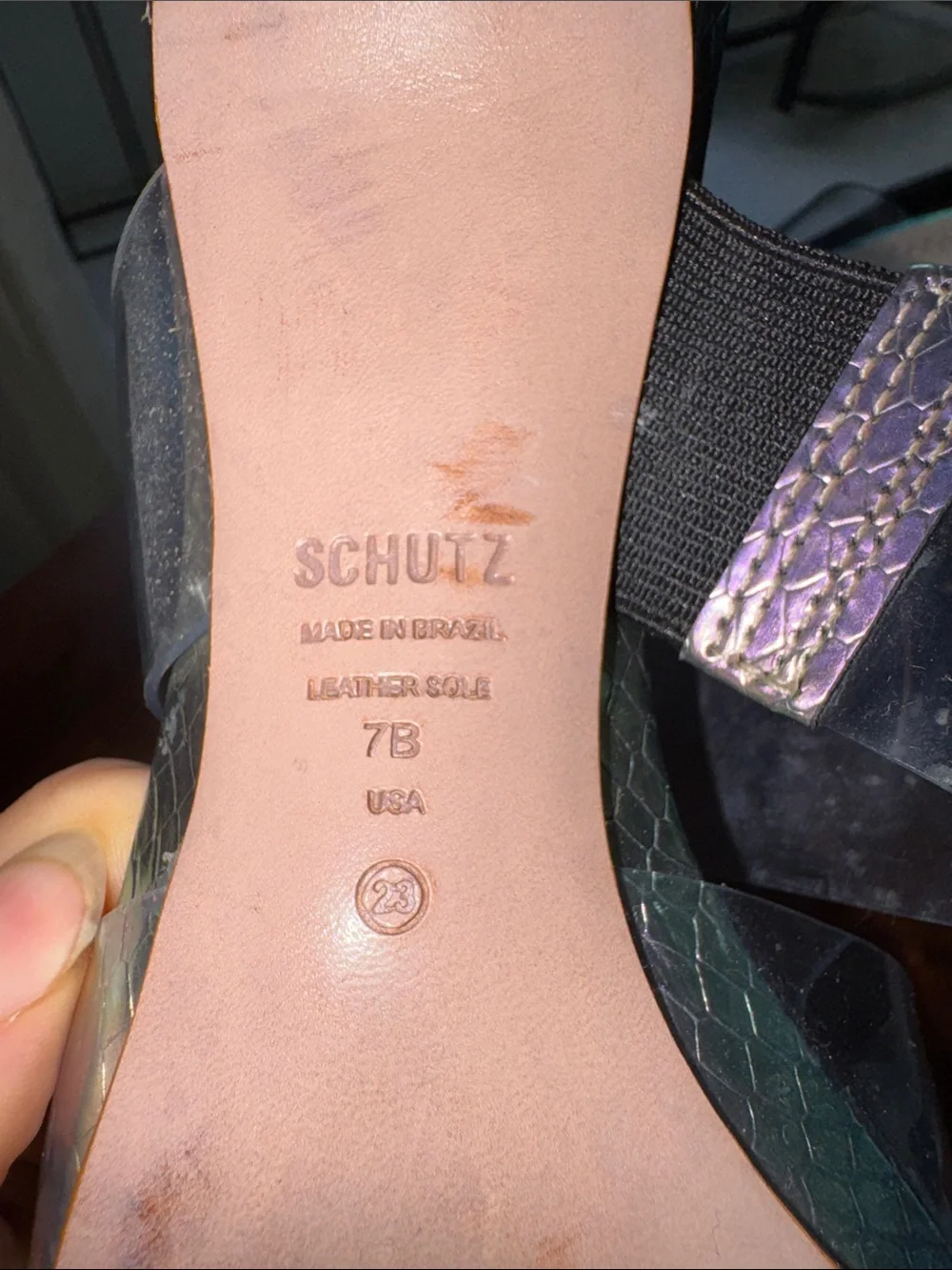 SCHUTZ Iridescent Pointed Mules with Clear Strap and Black Crystal Accent
